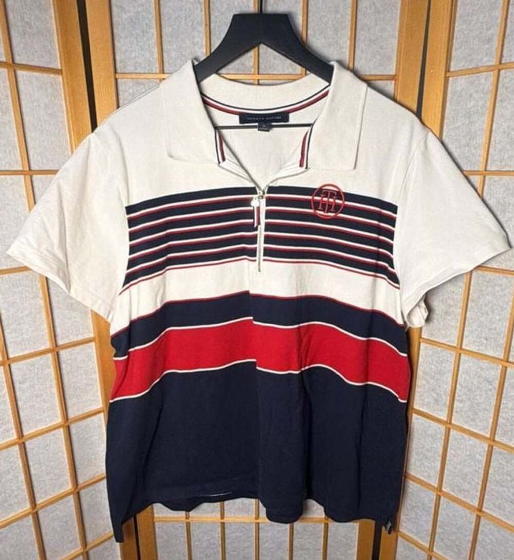 Tommy Hilfiger 1/4 Zip Polo Shirt Size 2X Red Navy White Striped